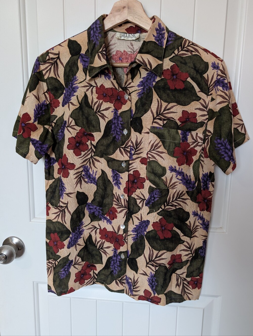 Vintage Selene Sport Silk Floral Button Up Blouse Small Tan/Green